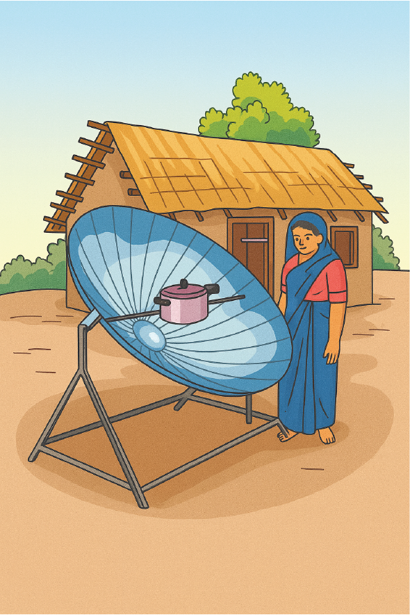 Illustration showing solar cooker using sunlight to cook food