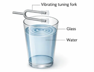 Tuning fork touches water surface showing ripples