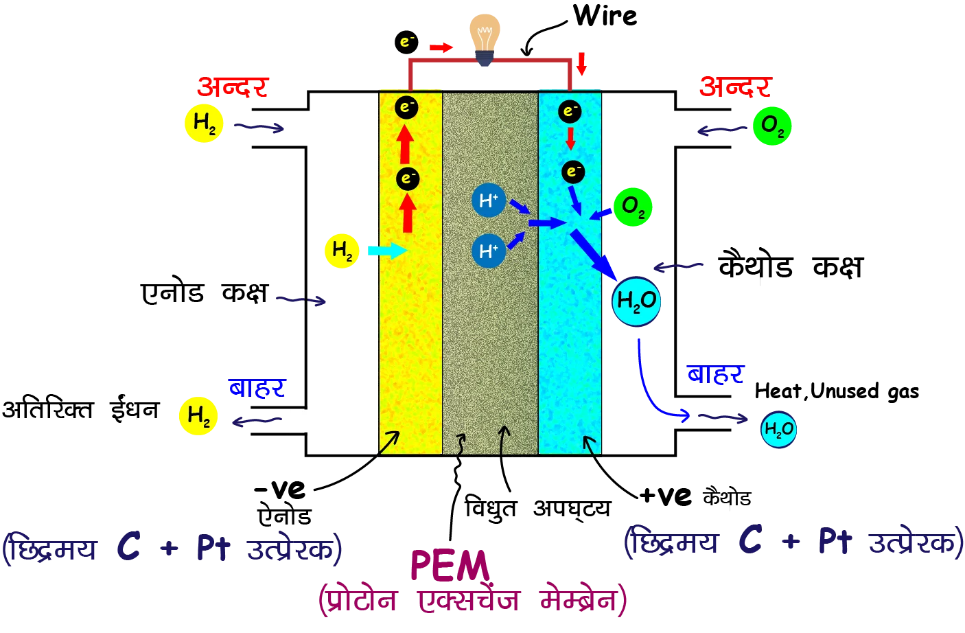 Fuel cell labelled diagram (H2–O2 cell)