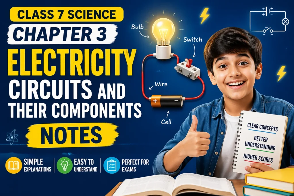 student learning Class 7 Science Chapter 3 Electricity Circuits and Their Components with circuit diagram including bulb, switch, wire and cell